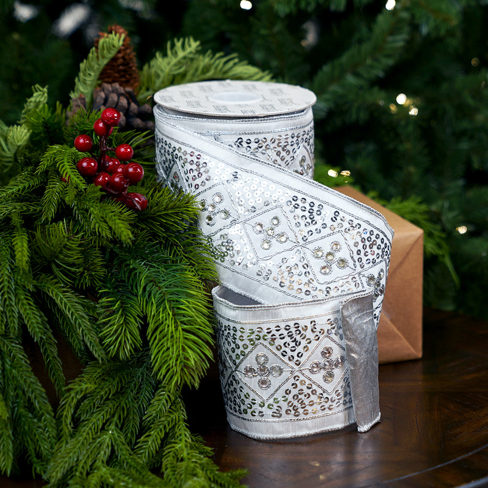 4" X 10YD Silver & White Sequin Dupion Ribbon