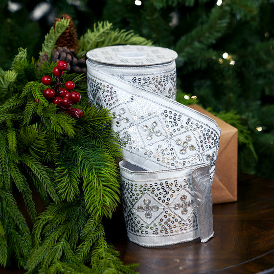 4" X 10YD Silver & White Sequin Dupion Ribbon