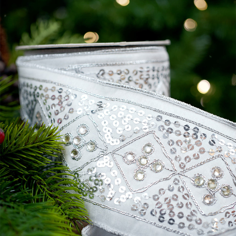 4" X 10YD Silver & White Sequin Dupion Ribbon