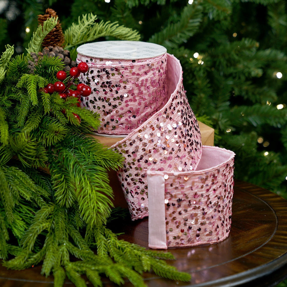 4" X 10YD Baby Pink Velvet Sequin Ribbon