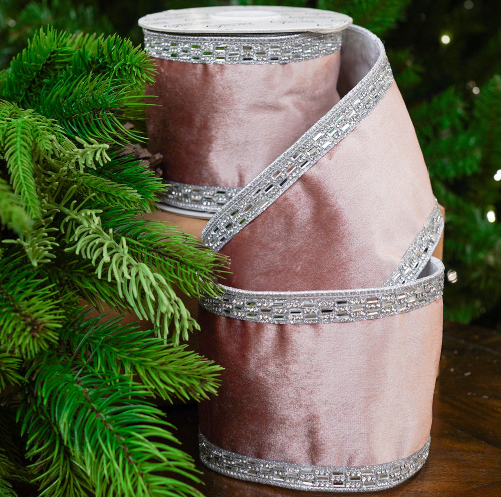 4" X 5YD Pink Velvet With Jewel Trim Ribbon