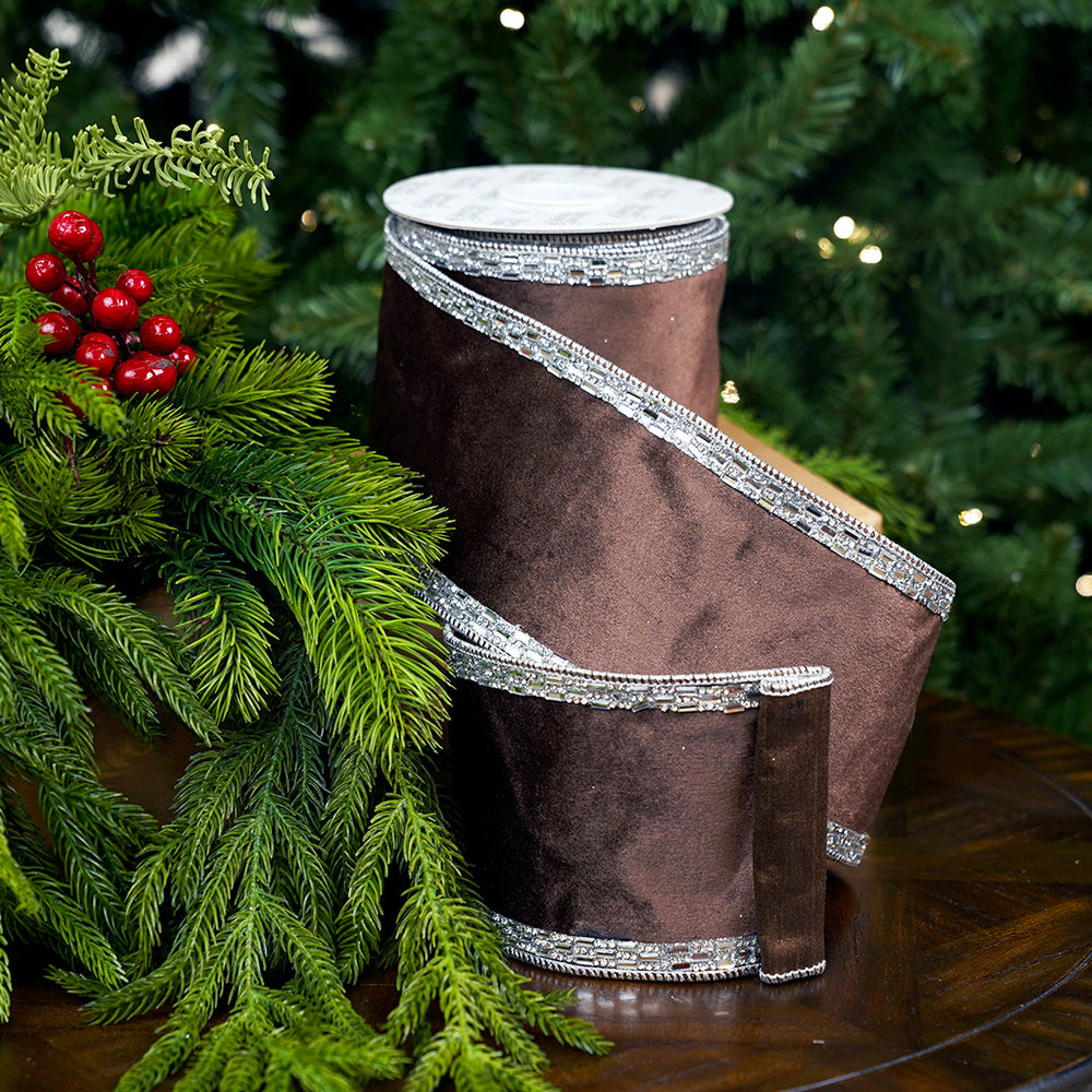 4" X 5YD Brown Velvet Ribbon With Jewel Trim