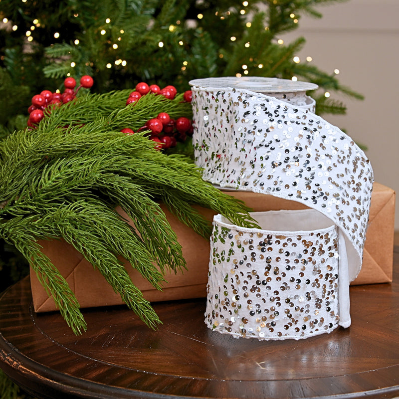 4" X 10YD White Velvet Ribbon With Silver Sequins