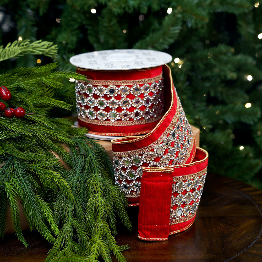 4" X 5YD Red Velvet Ribbon With Mirror Center