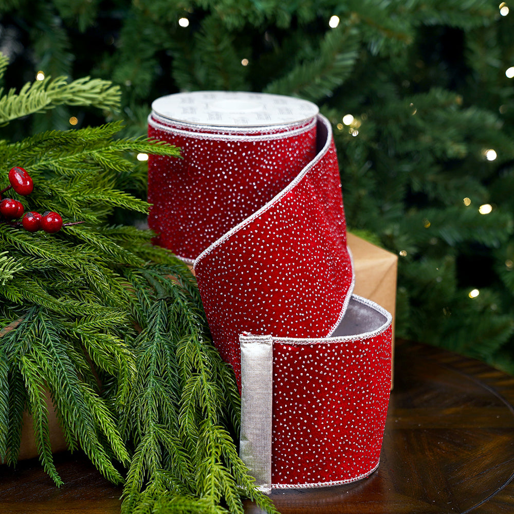 4" X 10YD Red Velvet Glitter Ribbon