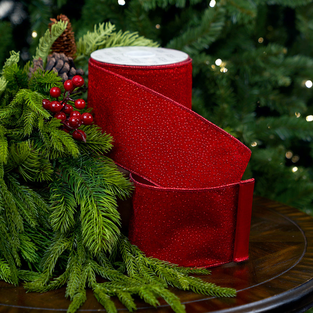4" X 10YD Red Glitter Velvet Ribbon