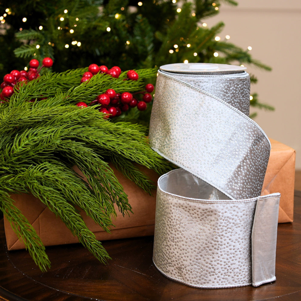 4" X 10YD Silver Velvet Glitter Ribbon