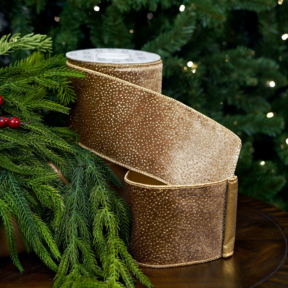 4" X 10YD Gold Velvet Glitter Ribbon