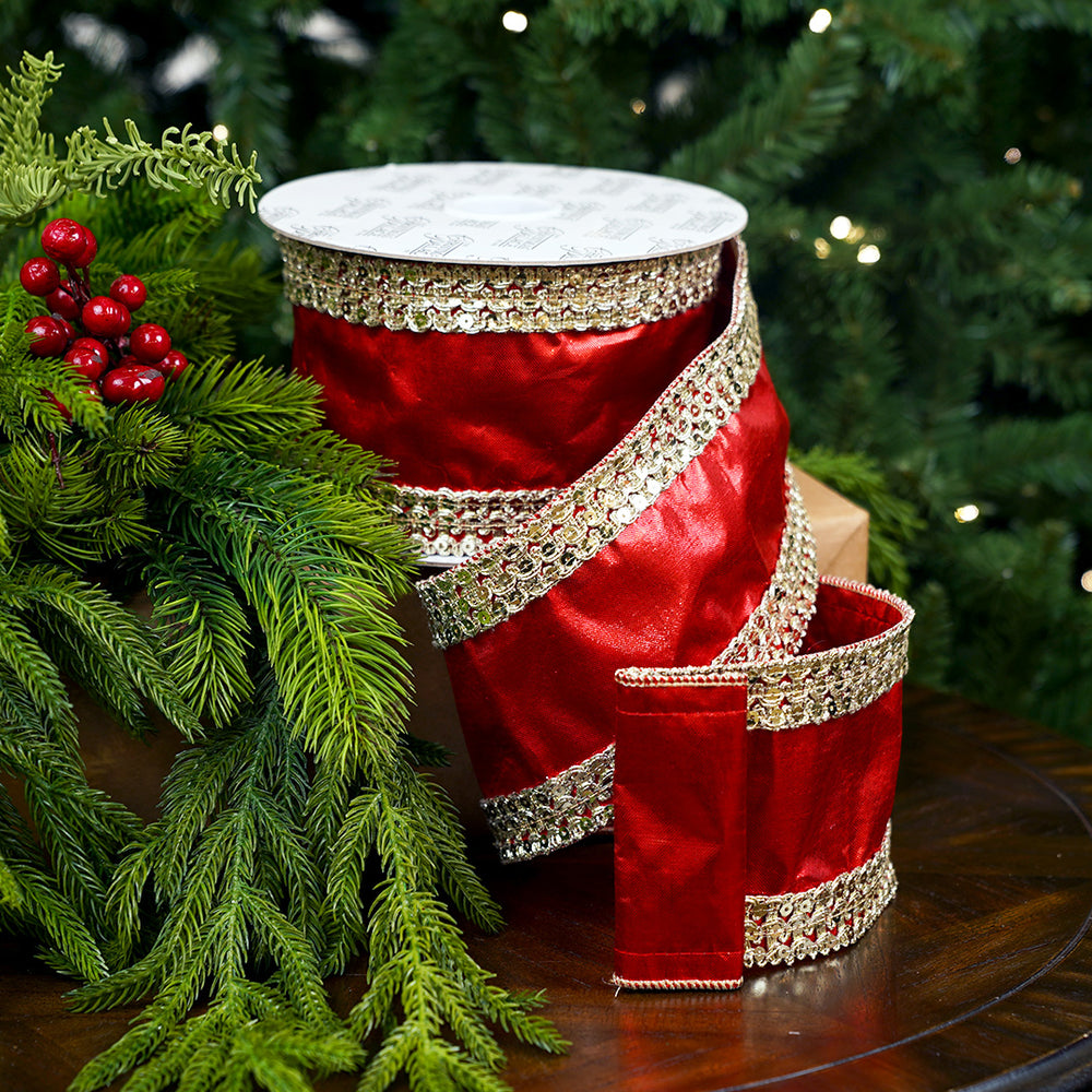 4" X 10YD Red Velvet Ribbon With Gold Jewel Trim