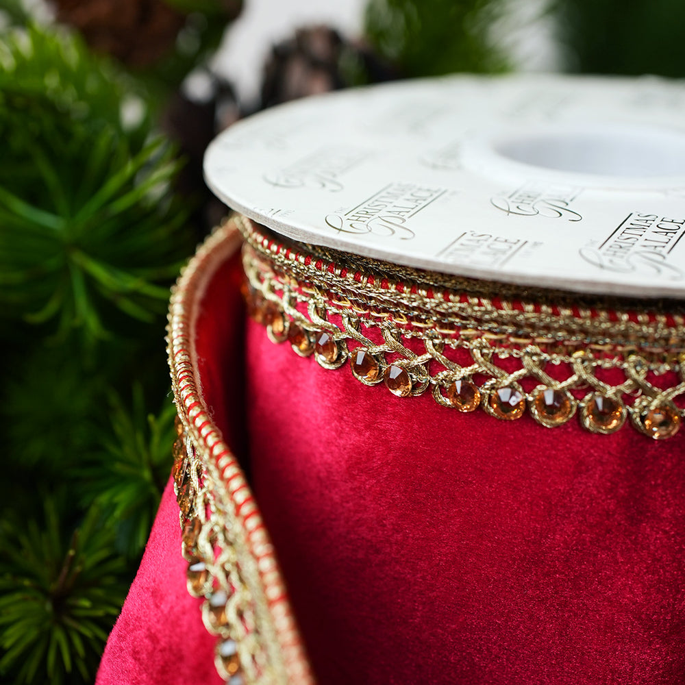 4" X 10YD Red Velvet Ribbon With Gold Jewel Trim