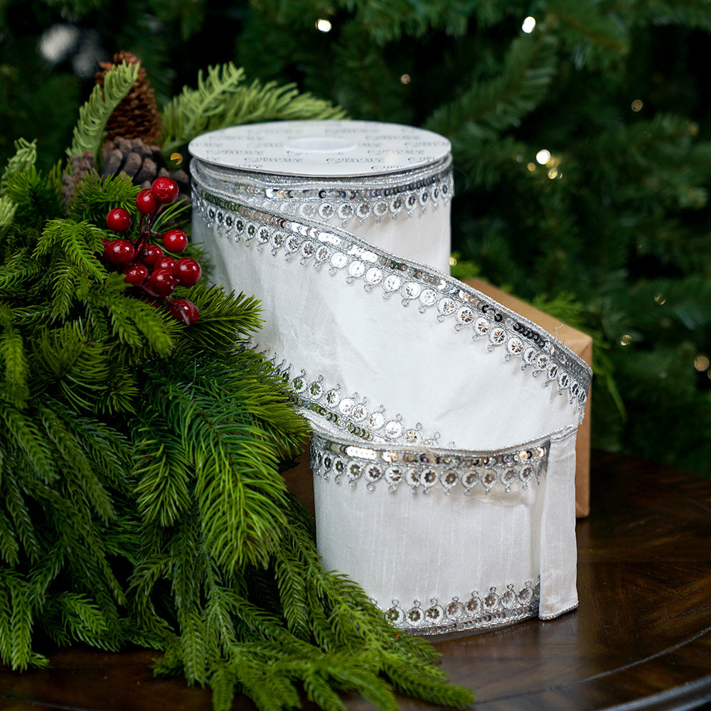 4" X 10YD White Sequin Trim Ribbon