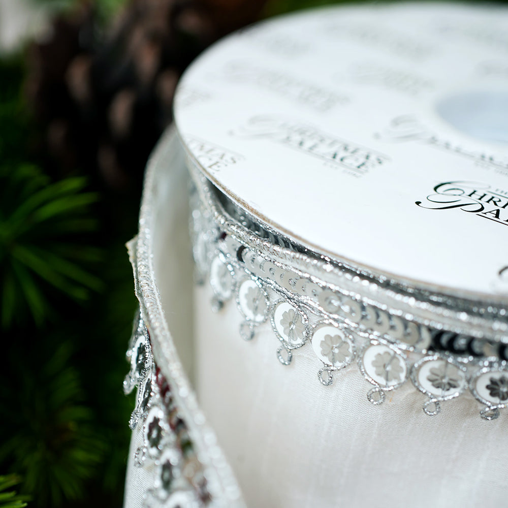 4" X 10YD White Sequin Trim Ribbon