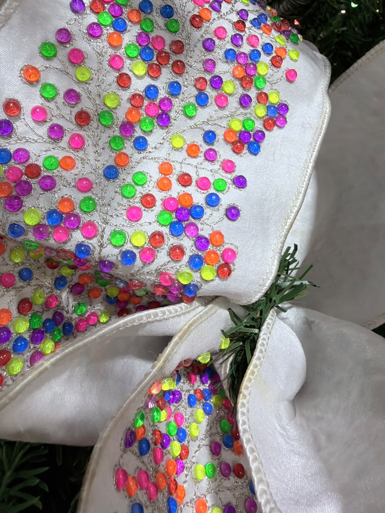 4" X 10YD White Ribbon With Multi Beads