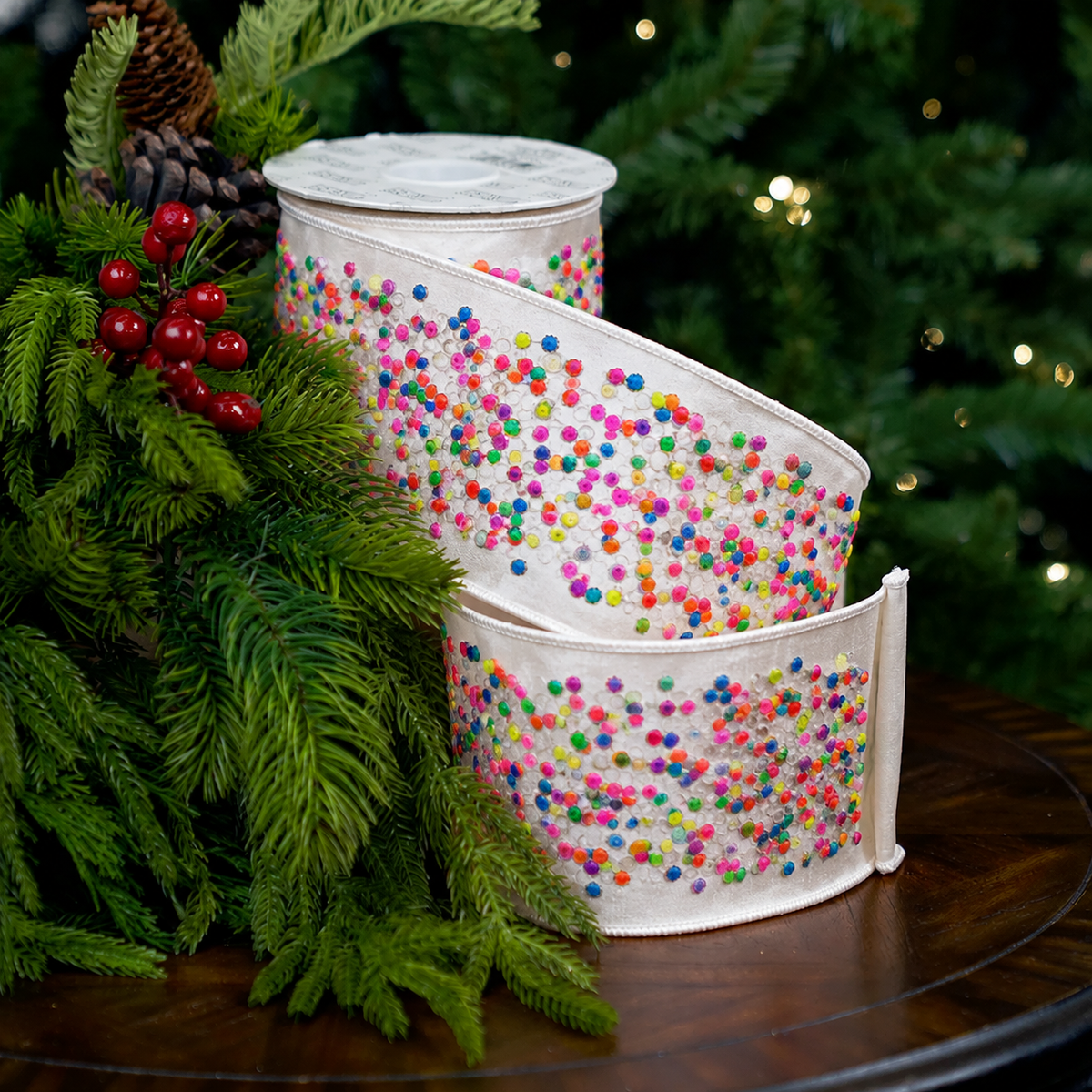 4" X 10YD White Ribbon With Multi Beads