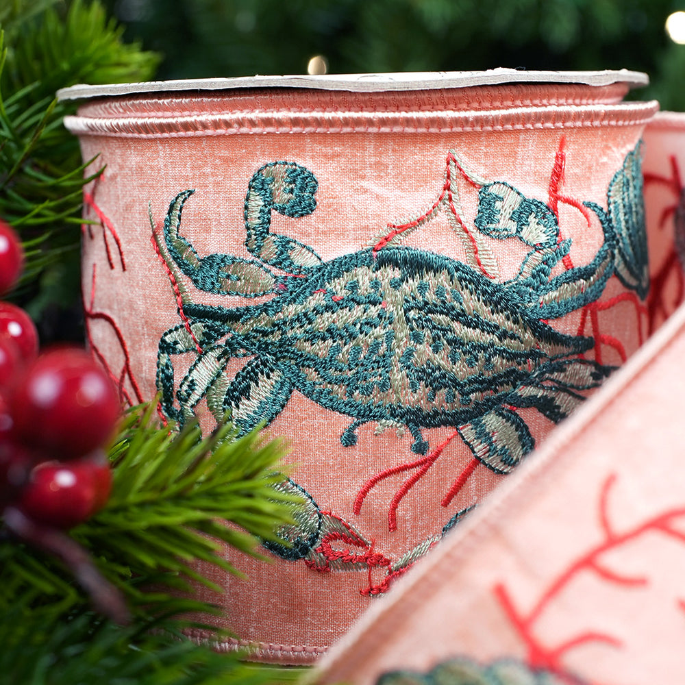 4" X 10YD Peach Ribbon With Embroidered Crab