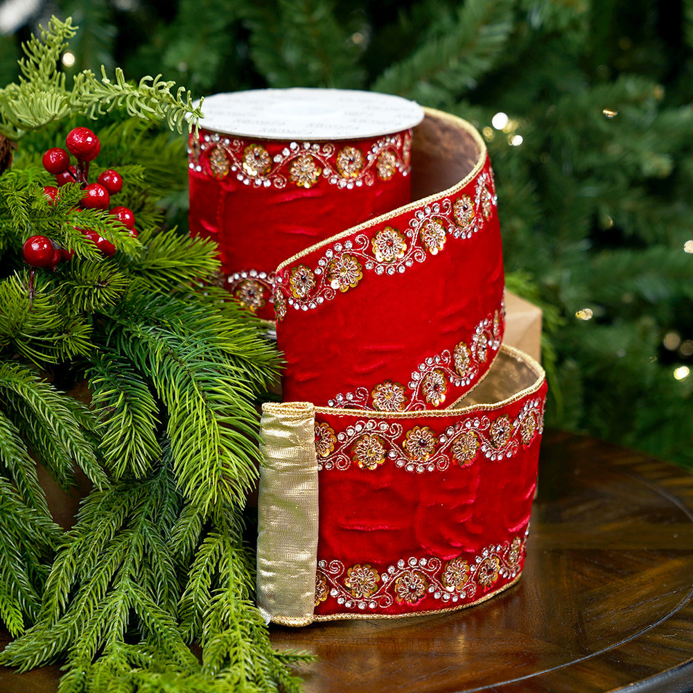 4" X 5YD Red Beaded Ribbon With Gold Trim