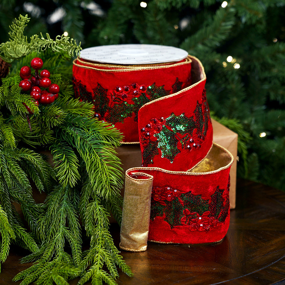 4" X 10YD Holly Leaves Embroidered Ribbon