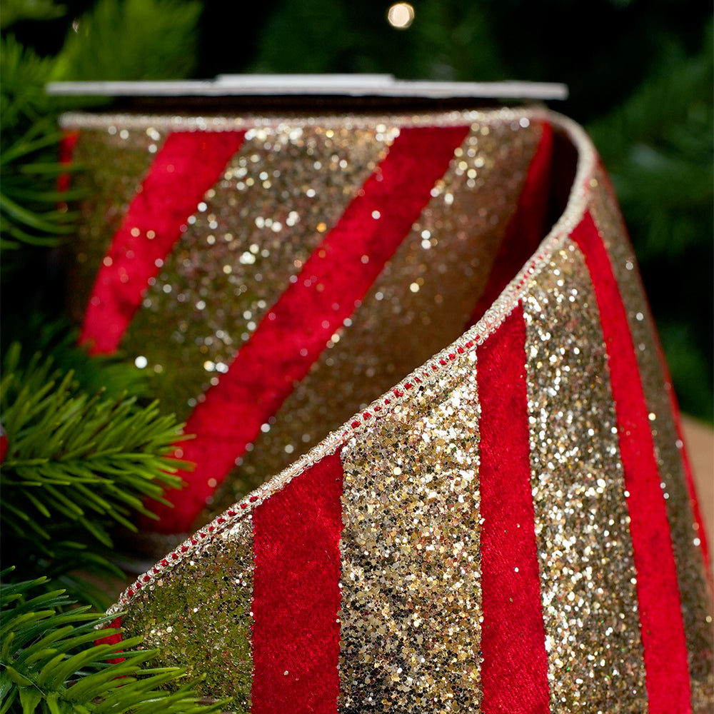 4" X 10YD Red & Gold Glitter Velvet Ribbon