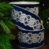 4" X 10YD Silver Navy Velvet Ribbon