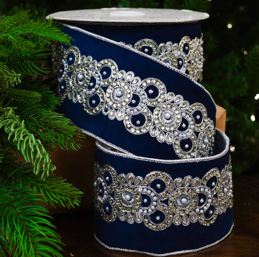 4" X 10YD Navy Velvet Ribbon With Silver Jewels