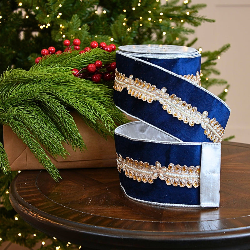4" X 10YD Navy Blue Ribbon With Pearls & Jeweled Center