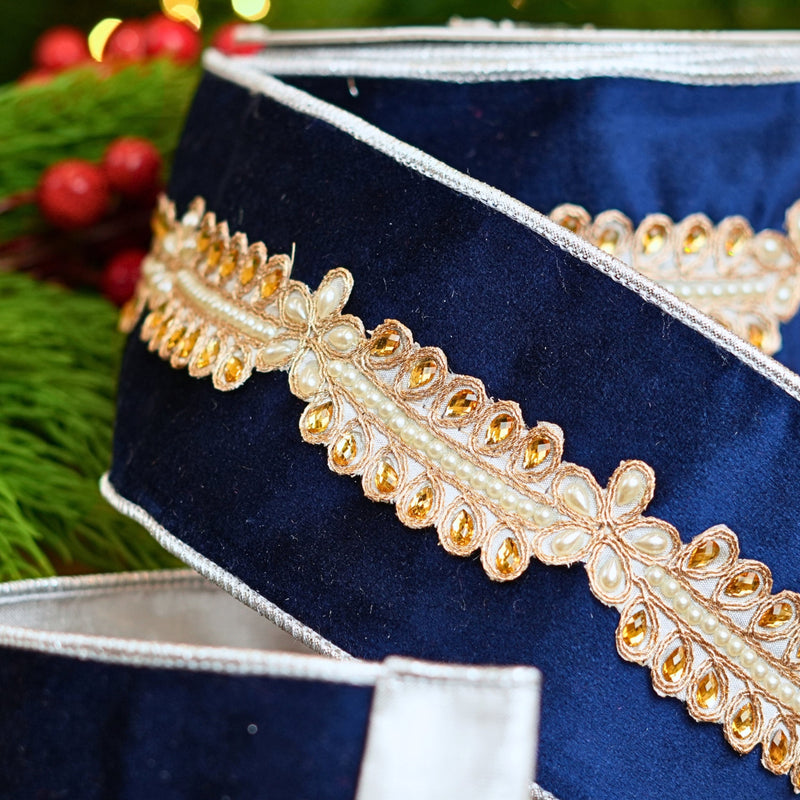 4" X 10YD Navy Blue Ribbon With Pearls & Jeweled Center