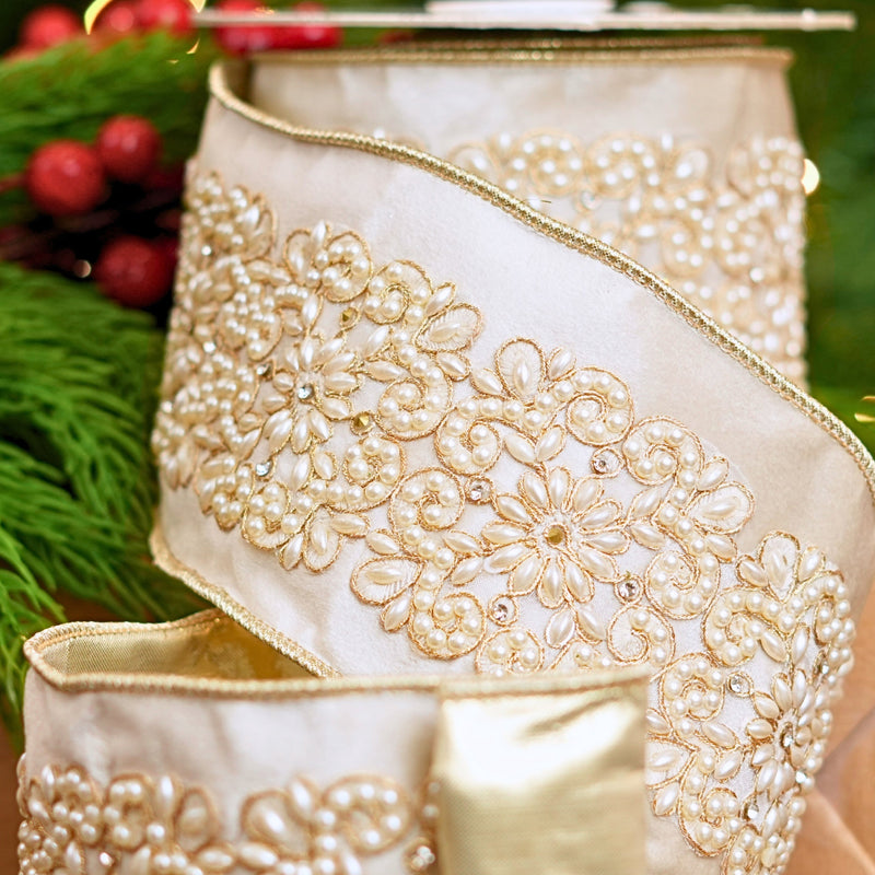 4" X 5YD Ivory Beaded Velvet Ribbon