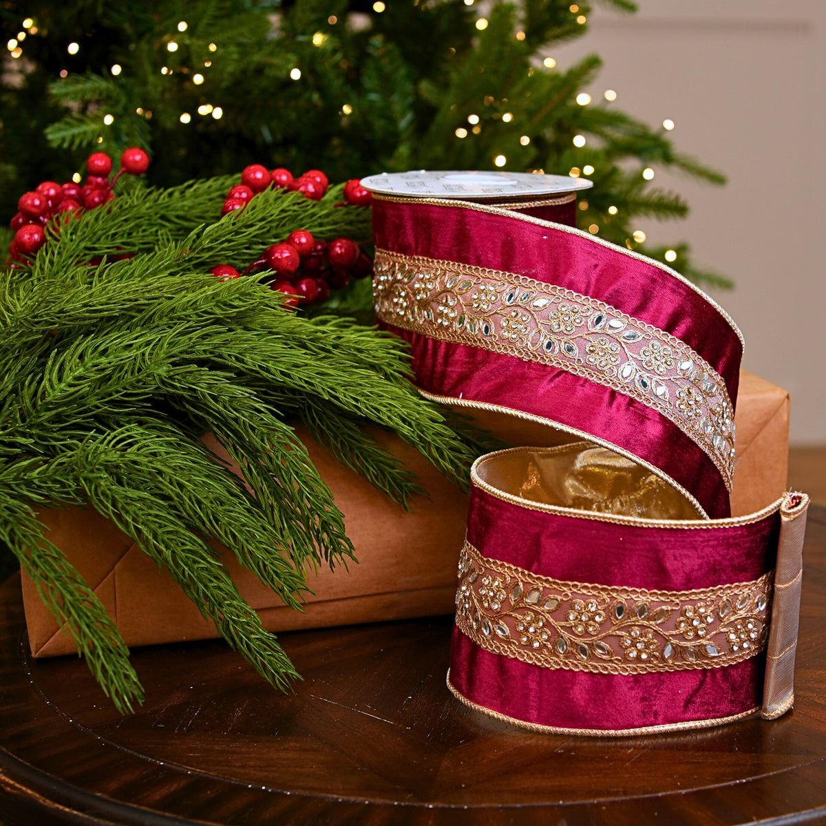 4" X 5YD Burgundy Velvet Ribbon With Gold Jewel Trim