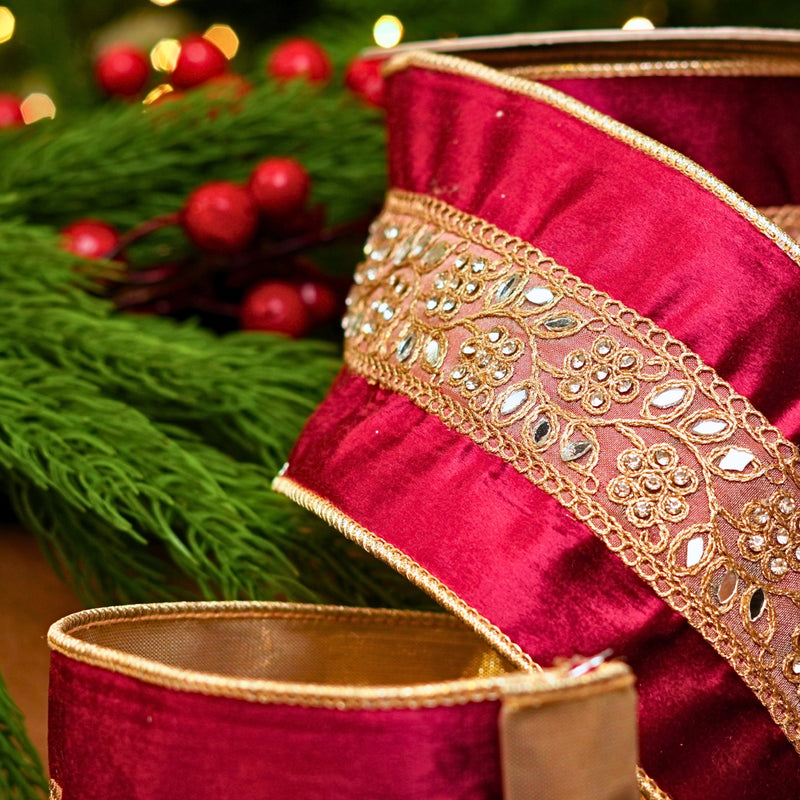 4" X 5YD Burgundy Velvet Ribbon With Gold Jewel Trim