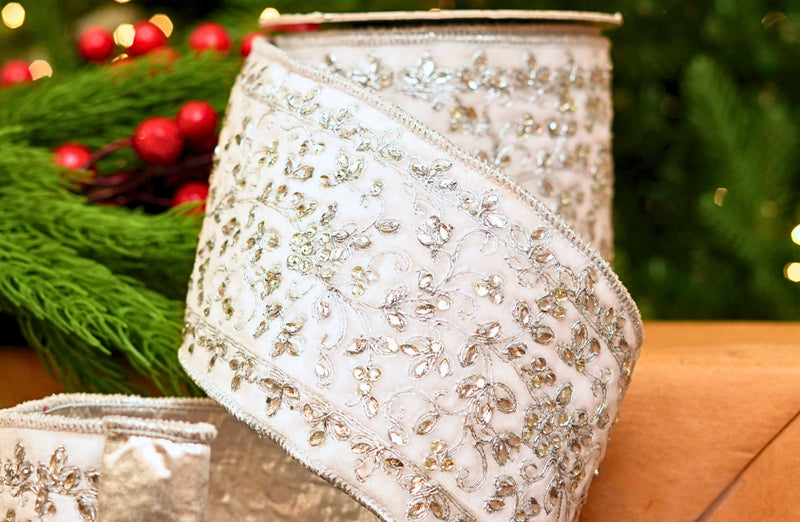 4" X 5YD White Velvet Ribbon With Silver Jewel Embroidery