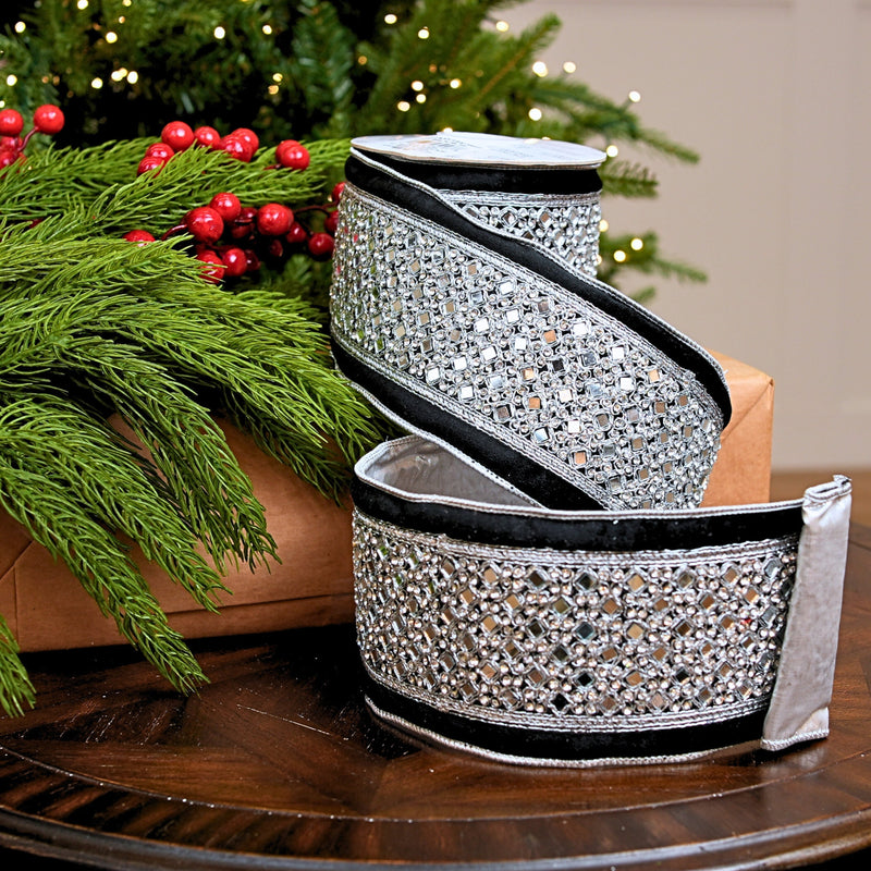 4" X 5YD Black Velvet Ribbon With Silver Jeweled Trim