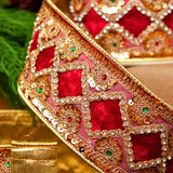 3" X 5YD Red Velvet Ribbon With Metallic Gold Lace