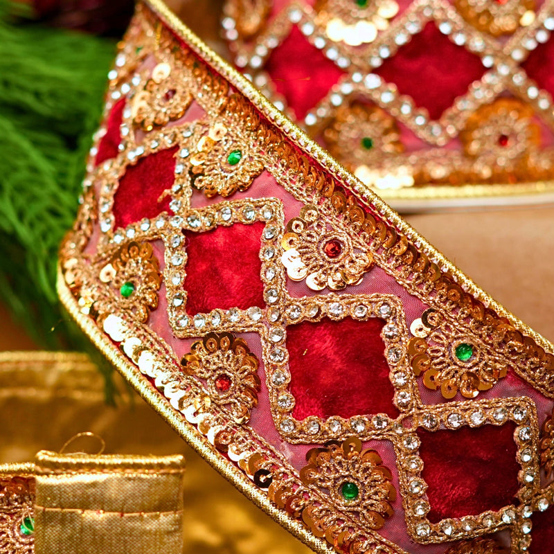 3" X 5YD Red Velvet Ribbon With Metallic Gold Lace