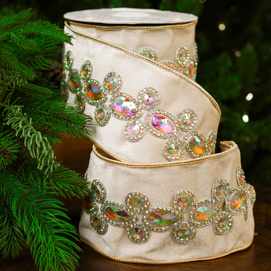4" X 5YD Ivory Velvet Ribbon With Multicolor Jewel Center