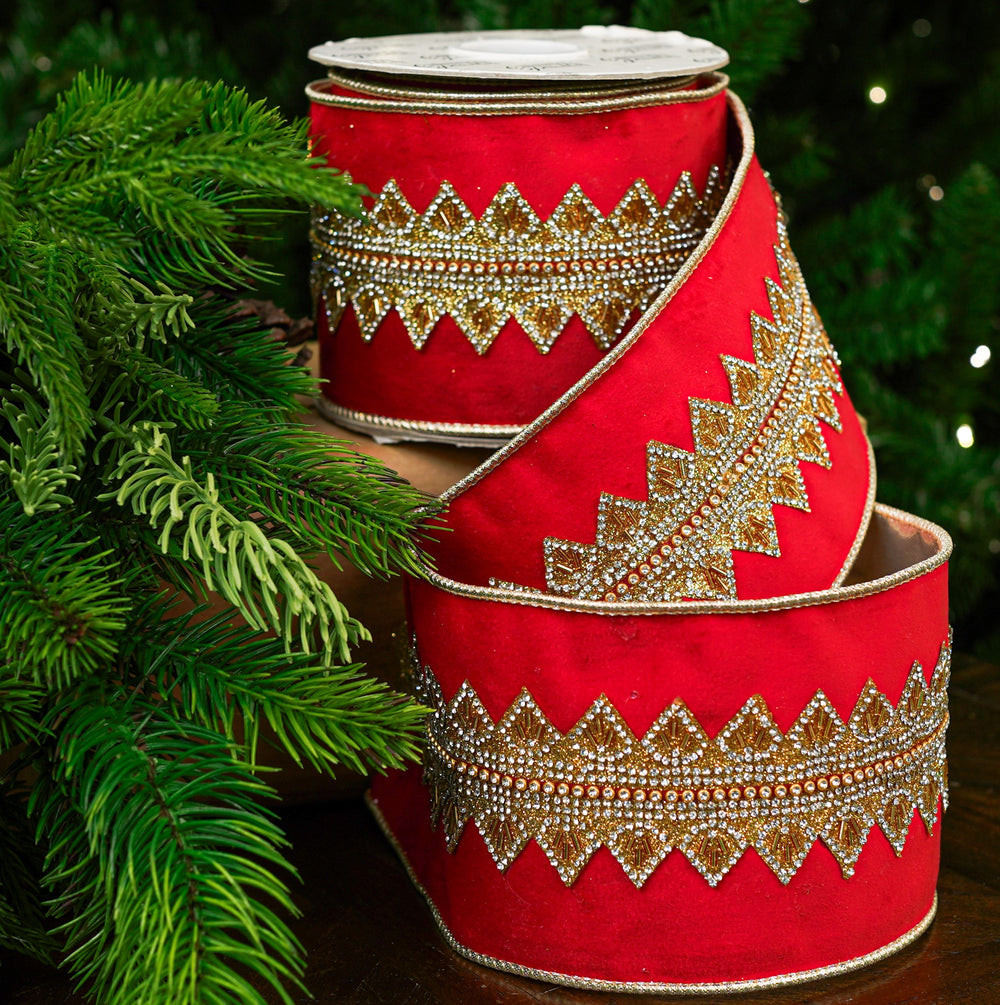 4" X 5YD Red Beaded Velvet Ribbon