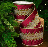 4" X 5YD Burgundy Gold Beaded Velvet Ribbon