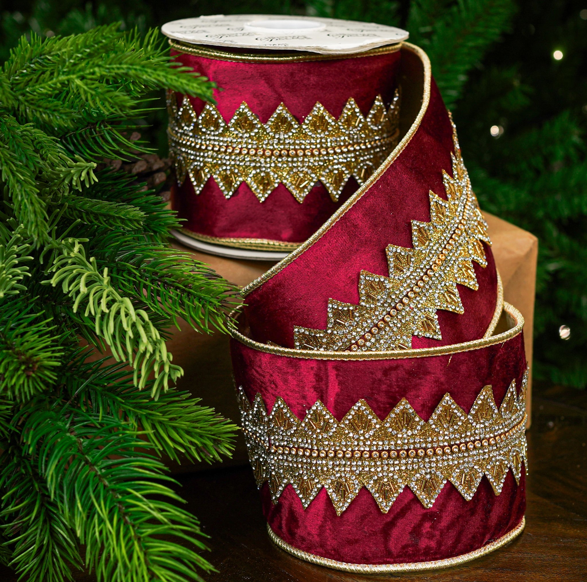 4" X 5YD Burgundy Gold Beaded Velvet Ribbon