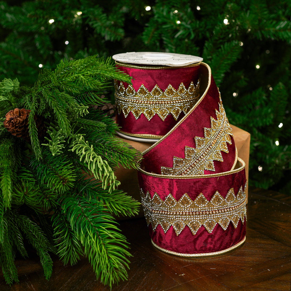 4" X 5YD Burgundy Gold Beaded Velvet Ribbon