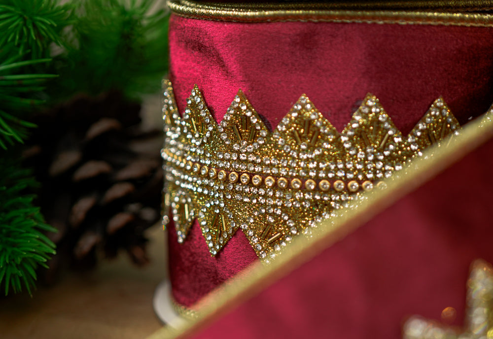 4" X 5YD Burgundy Gold Beaded Velvet Ribbon