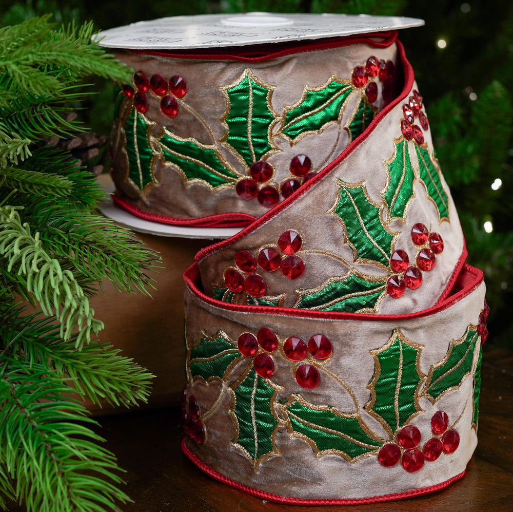 4" X 10YD Taupe Red & Green Holly Velvet Ribbon