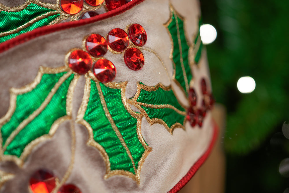 4" X 10YD Taupe Red & Green Holly Velvet Ribbon