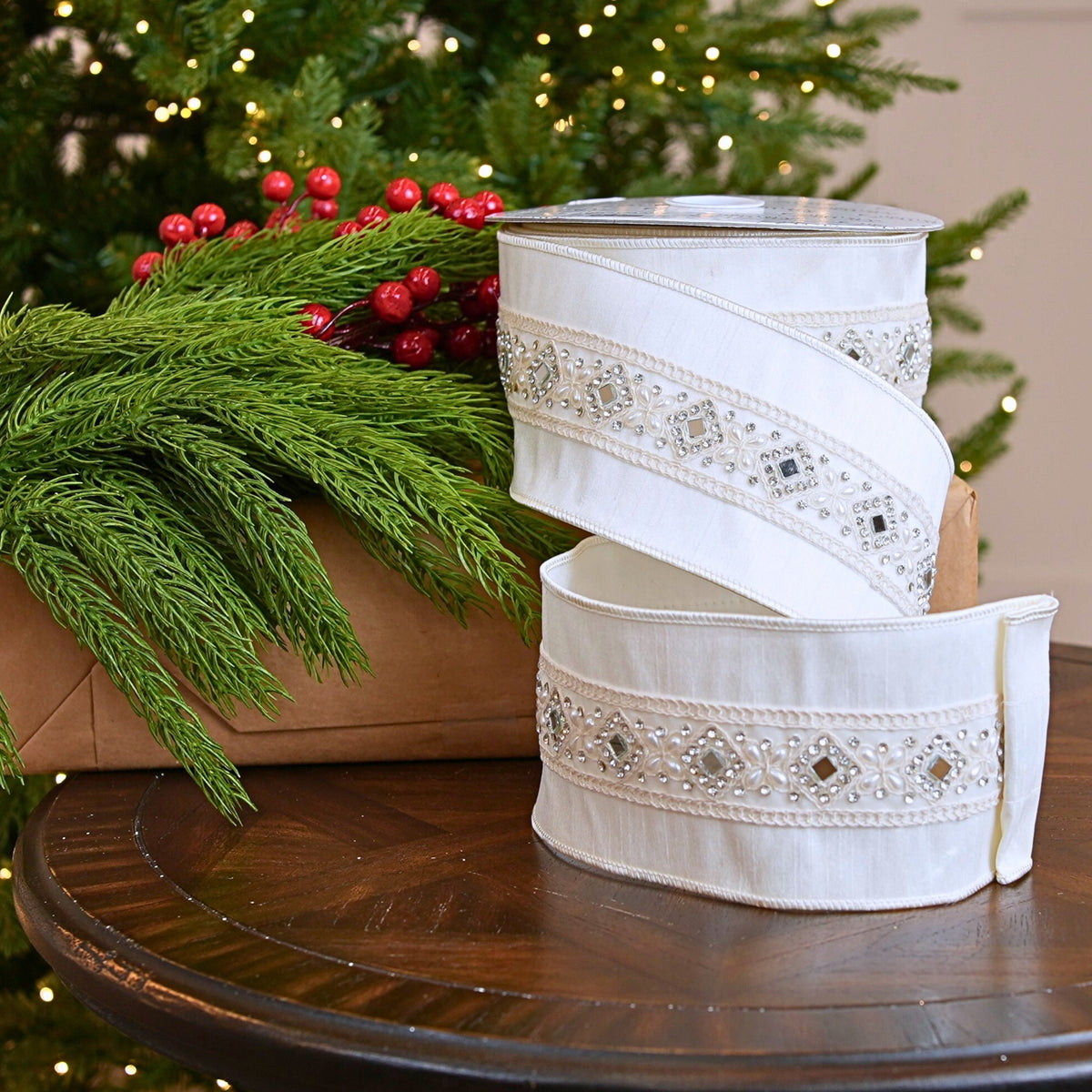 4" X 10YD Ivory Jeweled Ribbon