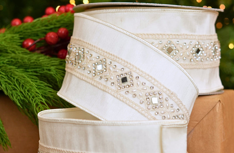 4" X 10YD Ivory Jeweled Ribbon