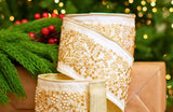 4" X 10YD White Ribbon With Gold & Pearl Trim