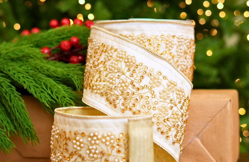 4" X 10YD White Ribbon With Gold & Pearl Trim