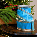 4" X 10YD Blue Ribbon With Gold Crochet Trim
