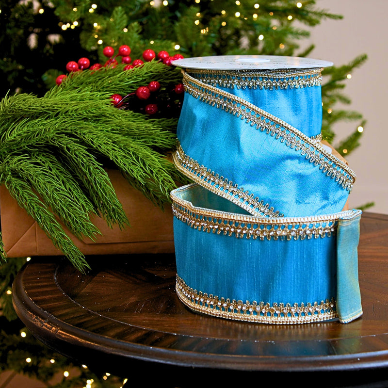 4" X 10YD Blue Ribbon With Gold Crochet Trim