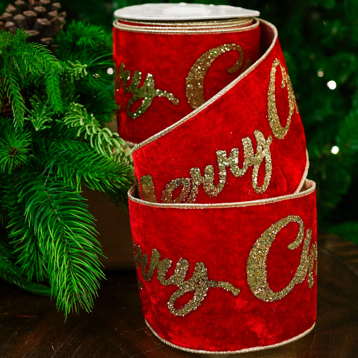 Cinta de terciopelo rojo de 10 yardas x 4" con la inscripción "Merry Christmas"