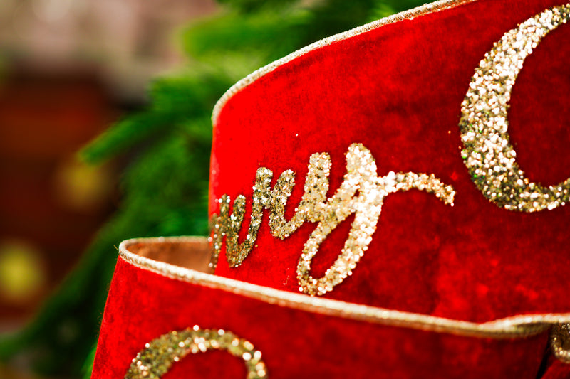 Cinta de terciopelo rojo de 10 yardas x 4" con la inscripción "Merry Christmas"