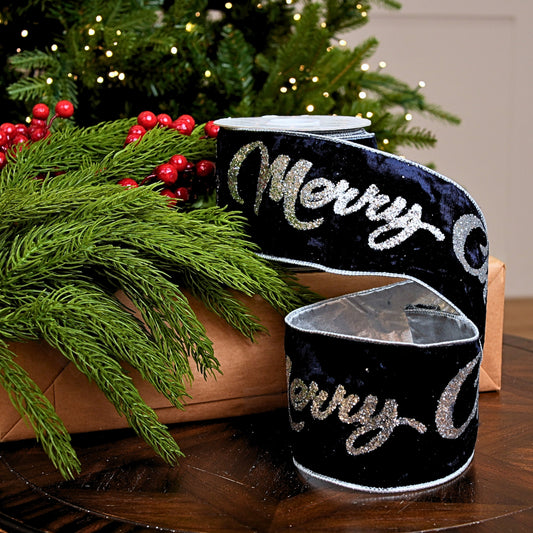 Cinta de terciopelo azul marino de 10YD x 4" con mensaje "Merry Christmas"